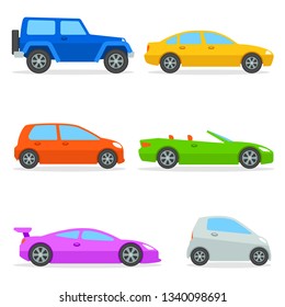 Set of colorful flat vector icons illustrating various types of cars