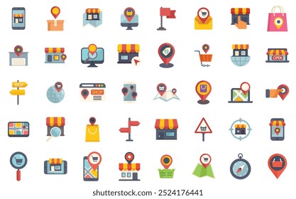 Set of colorful flat vector icons representing online shopping and retail store location, delivery, and global ecommerce