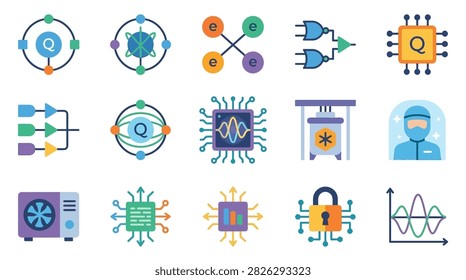 A set of colorful flat vector icons representing quantum computing, including processors, logic gates, subatomic particles, laboratory equipment, and data security.