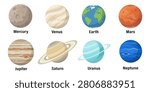 Set of colorful flat vector illustrations of the eight planets of the solar system, isolated on white background. Includes Mercury, Venus, Earth, Mars, Jupiter, Saturn, Uranus, and Neptune with their characteristic appearances.