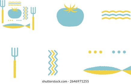 Set of colorful flat vector illustrations with fish, tomato, fork, knife, and wave elements on white background