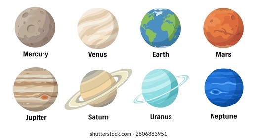 Set of colorful flat vector illustrations of the eight planets of the solar system, isolated on white background. Includes Mercury, Venus, Earth, Mars, Jupiter, Saturn, Uranus, and Neptune with their characteristic appearances.