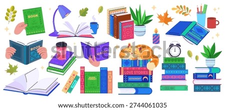 Set of colorful flat vector reading elements with books, open pages, hands, cat, plants, lamp and coffee. Cozy home library concept, literature, education and study. Modern editorial illustration isolated on light background.