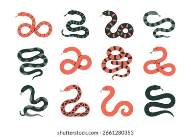 Conjunto de ilustrações coloridas de cobra de vetor plana