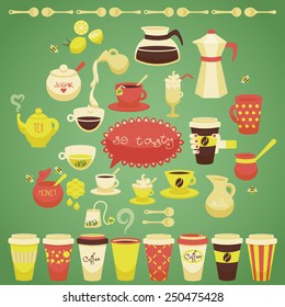 set of colorful flat vector tea and coffee objects, design elements