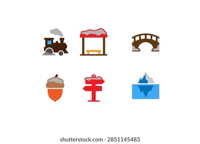Set of colorful flat winter vector icons featuring a steam locomotive, snow bus stop, rustic wooden bridge, brown acorn, directional signpost, and frozen iceberg in water.