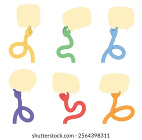 Set of colorful flexible long arms with clouds for text. Stretching elongated hands with palms. Vector illustration