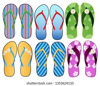 Set of Colorful Flip Flops Beach Slippers . Graphic vector