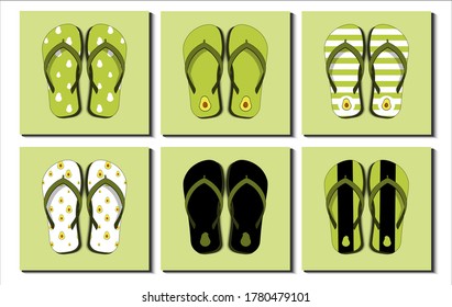 Coloridas chanclas, sandalias de playa. Diferentes patrones de fruta aguacate, rayas, íconos, etc. Ilustración vectorial de diseño plano.