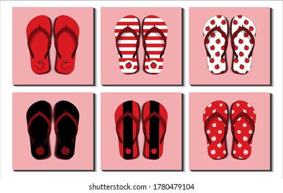 Set of colorful flip flops, beach sandals. Different apple fruit pattern, stripe, icon etc. Flat Design Vector Illustration.