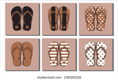 Set of colorful flip flops, beach sandals. Different coconut fruit pattern, stripe, icon etc. Flat Design Vector Illustration.
