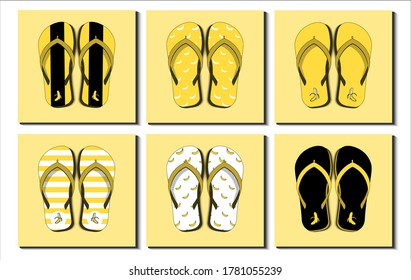 Set of colorful flip flops, beach sandals. Different banana fruit pattern, stripe, icon etc. Flat Design Vector Illustration.