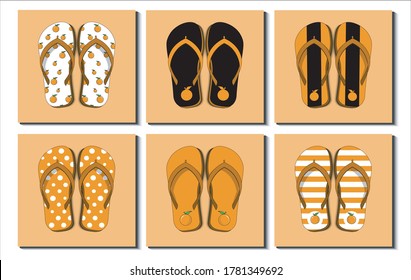 Set of colorful flip flops, beach sandals. Different orange fruit pattern, stripe, icon etc. Flat Design Vector Illustration.