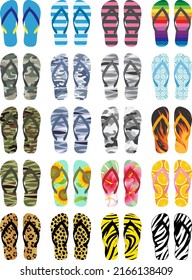 The set of the colorful flip flops isolated on the white background