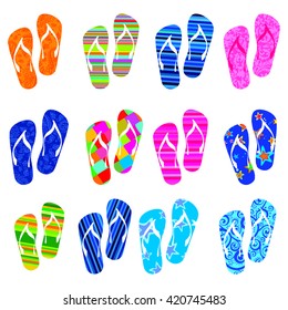 set of colorful flip flops isolated on white background. Collection of design elements. Vector illustration