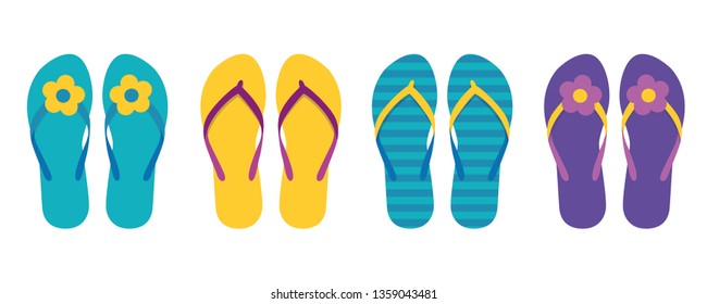 set of colorful flip flops summer collection swim wear with flower vector illustration EPS10