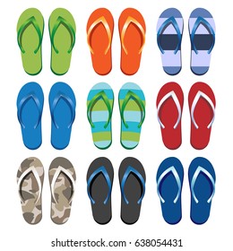 Set of colorful flip flops. Vector Illustration. Summer Collection, Beach Party, Swim Wear.