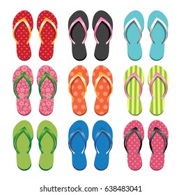 Set of colorful flip flops. Vector Illustration. Summer Collection, Beach Party, Swim Wear, Women's Fashion, Style