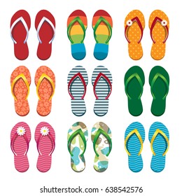 Set of colorful flip flops. Vector Illustration. Summer Collection, Beach Party, Swim Wear, Women's Fashion, Style