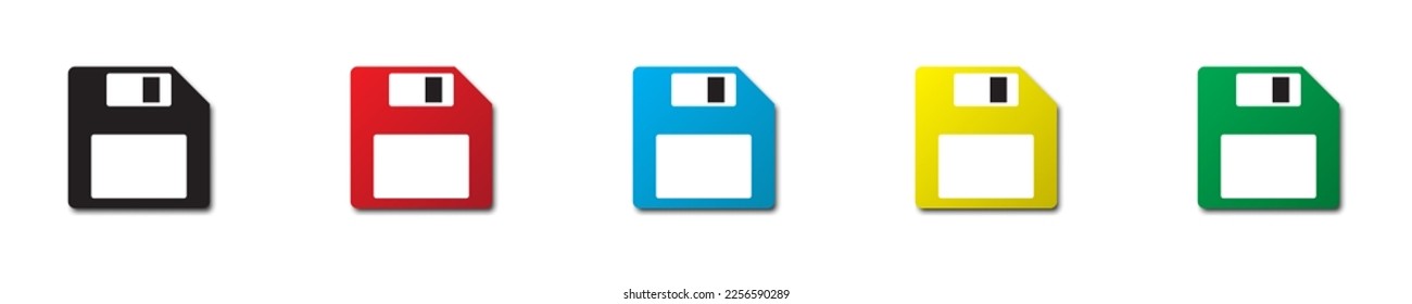 Set of colorful floppy disks with shadow. Flat vector illustration.