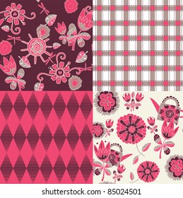 set of colorful floral and abstract seamless patterns