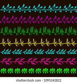 Set of colorful floral brushes isolated on black. Vector illustration. Design elements for invitations, greeting cards, quotes, blogs, posters.