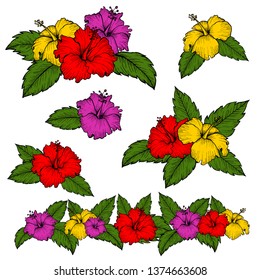 Set of colorful floral decor elements on white isolated background. Beautiful hand drawn vector hibiscus with leaves.