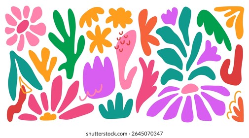 Set of colorful floral elements. Abstract plant, flower, vector collection for background design and decoration. Simple hand drawn doodle style.