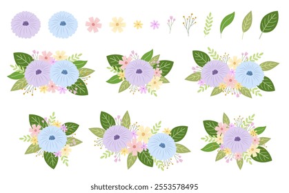 Set of colorful floral elements and decorations. Vector floral arrangements for greeting card, invitation design or wedding concept