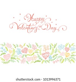 Set of colorful floral elements with decorative hearts and lettering Happy Valentines Day on white background, illustration.