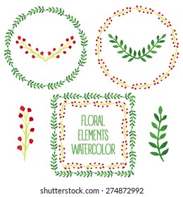 Set of Colorful floral elements with leaves, drawing watercolor. 