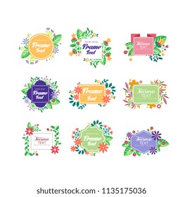 Set of colorful floral frames with place for your text. Blooming flowers and leaves. Flat vector for wedding invitation or romantic postcard