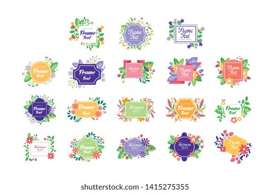 Set of colorful floral frames with place for your text. Blooming flowers and leaves. Flat vector for wedding invitation or romantic postcard