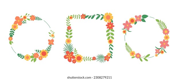 Conjunto de marcos florales coloridos. Coronas redondas y cuadradas de flores y hojas. Ilustración plana del vector aislada en fondo blanco