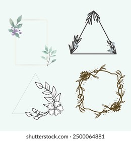 Set of colorful floral frames. Round and square wreaths of flowers and leaves. Vector flat illustration isolated on white background
