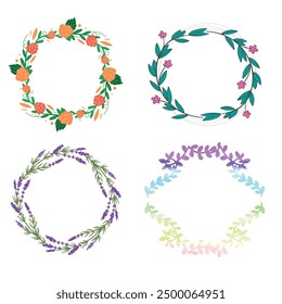 Set of colorful floral frames. Round and square wreaths of flowers and leaves. Vector flat illustration isolated on white background