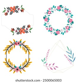 Set of colorful floral frames. Round and square wreaths of flowers and leaves. Vector flat illustration isolated on white background