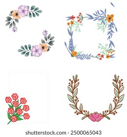 Set of colorful floral frames. Round and square wreaths of flowers and leaves. Vector flat illustration isolated on white background