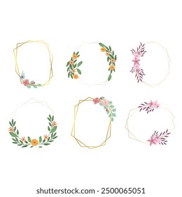 Set of colorful floral frames. Round and square wreaths of flowers and leaves. Vector flat illustration isolated on white background