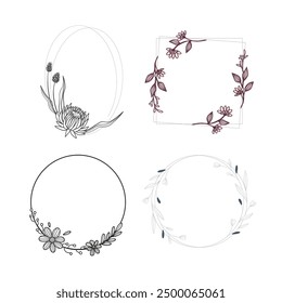 Set of colorful floral frames. Round and square wreaths of flowers and leaves. Vector flat illustration isolated on white background