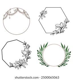 Set of colorful floral frames. Round and square wreaths of flowers and leaves. Vector flat illustration isolated on white background