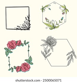 Set of colorful floral frames. Round and square wreaths of flowers and leaves. Vector flat illustration isolated on white background