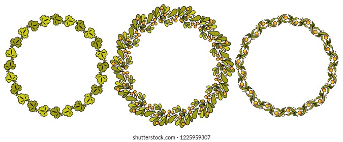 Set of colorful floral frames. Simple twigs with flowers and leaves, drawn by hand. Isolated on white background. EPS10 vector illustration.
