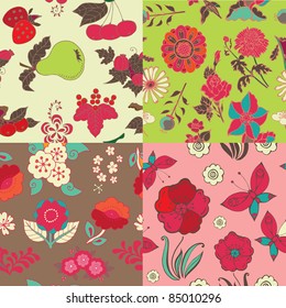 set of colorful floral and fruit patterns