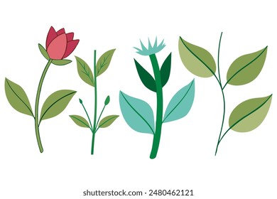 Set of Colorful Floral and Leaf Vector Illustrations.