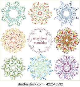 Set of colorful floral mandalas. Spring floral mandala. Cute vector floral mandala.