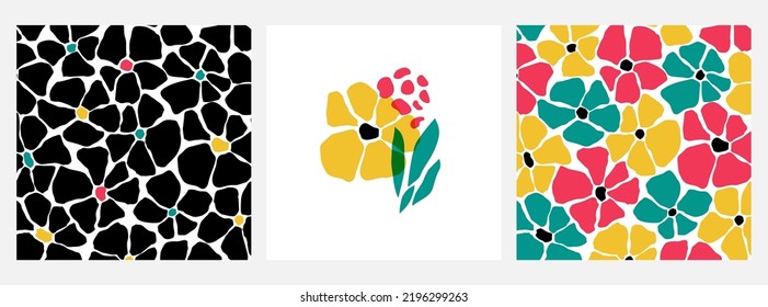 Set of colorful floral patterns. Suitable to be a fashion pattern. Hand drawn, paper cutting method.