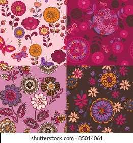 set of colorful floral seamless patterns