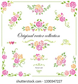 Set of colorful flourish design elements, borders, labels, corners. Ornate floral vector motifs with roses. Romantic collection for wedding, valentine's day.