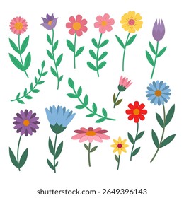 Satz bunter Blumenelemente einzeln auf weißem Hintergrund. Design blühende Elemente für die Dekoration.